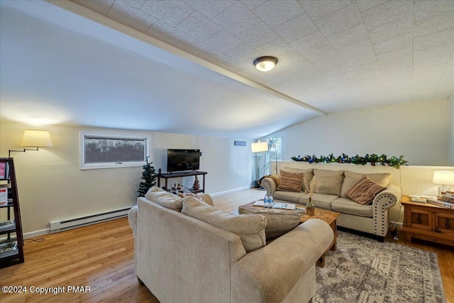 living room featuring lofted ceiling with beams, a baseboard radiator, baseboards, and wood finished floors