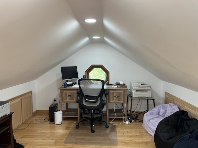 3813 Foxborough Ct, Stroudsburg, PA 18360 - office with light wood-style floors, vaulted ceiling, and recessed lighting