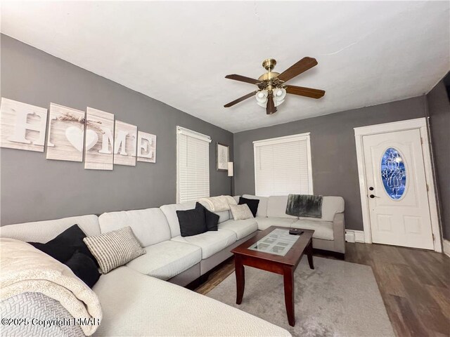 living room with ceiling fan and dark wood-type flooring