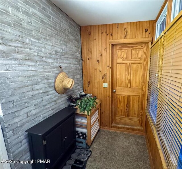 entryway with dark colored carpet