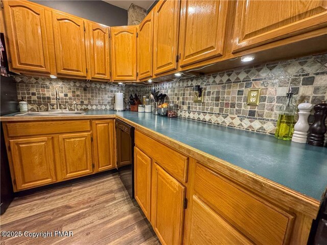 kitchen featuring sink, black dishwasher, tasteful backsplash, and wood-type flooring