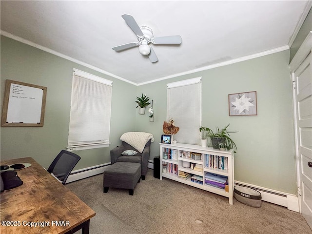 office space featuring carpet floors, ornamental molding, and baseboard heating