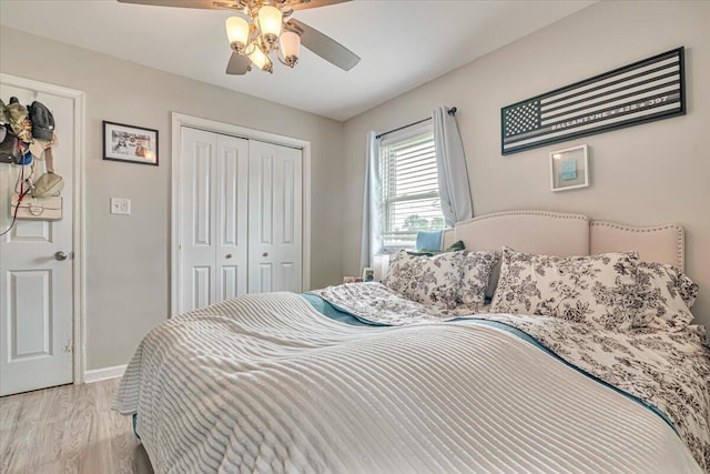 489 Sportsman Club Rd, Nazareth, PA 18064 - bedroom featuring a closet, light wood-style flooring, and ceiling fan