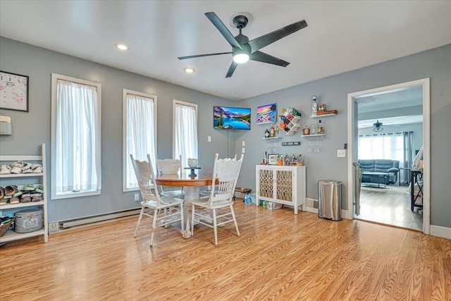 489 Sportsman Club Rd, Nazareth, PA 18064 - dining room featuring ceiling fan, a baseboard radiator, wood finished floors, and recessed lighting