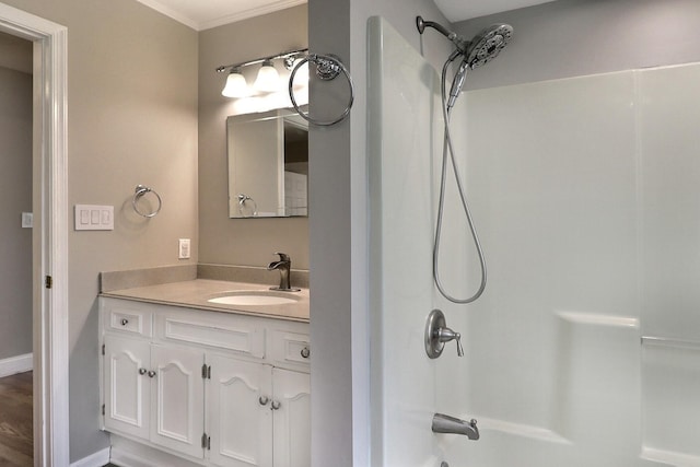 102 Crest Cir E, Stroudsburg, PA 18301 - bathroom with crown molding, vanity, and shower / washtub combination
