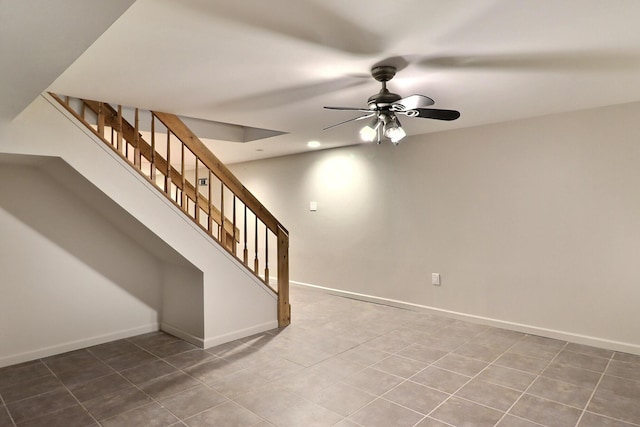 102 Crest Cir E, Stroudsburg, PA 18301 - unfurnished living room featuring a ceiling fan, stairs, and tile patterned floors