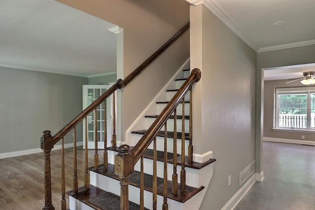 102 Crest Cir E, Stroudsburg, PA 18301 - staircase with crown molding, ceiling fan, and wood finished floors