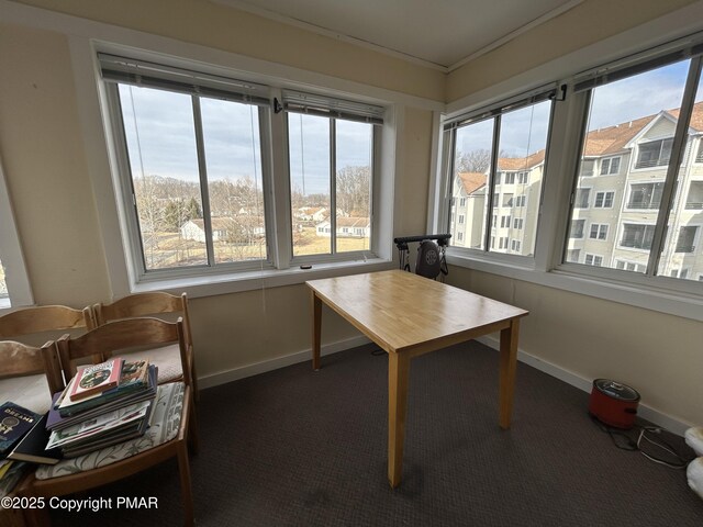 office space with carpet flooring, crown molding, and baseboards