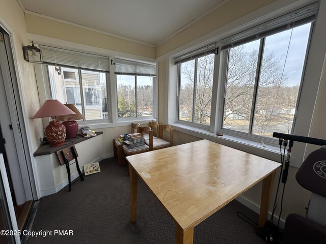 carpeted home office featuring baseboards and crown molding