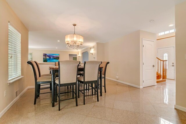 1376 Buck Ridge Dr, Stroudsburg, PA 18360 - dining area with baseboards, a chandelier, recessed lighting, and stairs