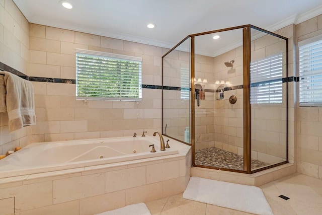 1376 Buck Ridge Dr, Stroudsburg, PA 18360 - full bathroom with ornamental molding, a tub with jets, a shower stall, tile patterned floors, and recessed lighting