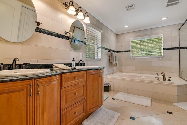1376 Buck Ridge Dr, Stroudsburg, PA 18360 - bathroom with tile walls, a garden tub, double vanity, tile patterned floors, and crown molding