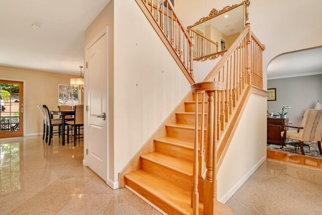 1376 Buck Ridge Dr, Stroudsburg, PA 18360 - staircase with baseboards, crown molding, and granite floors