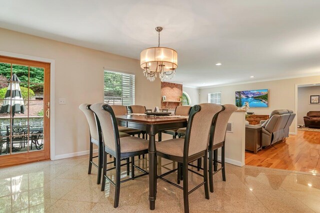 1376 Buck Ridge Dr, Stroudsburg, PA 18360 - dining room featuring baseboards, a chandelier, granite tiled floors, recessed lighting, and ornamental molding