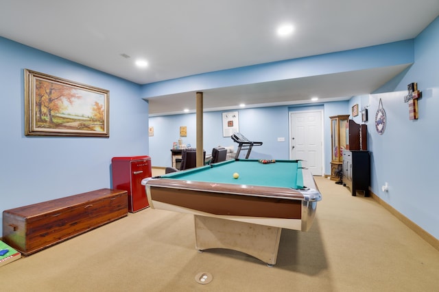 game room featuring recessed lighting, baseboards, light carpet, and pool table