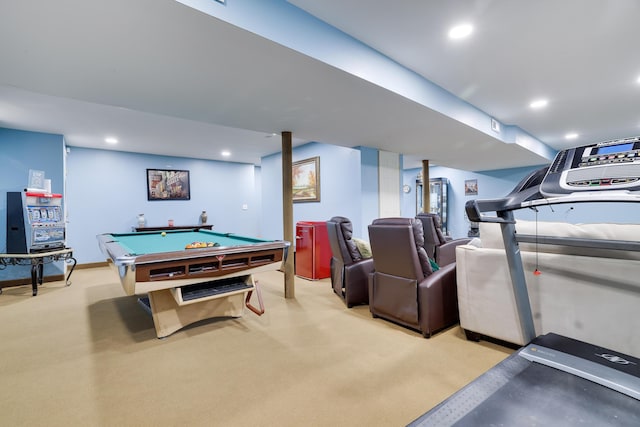 recreation room with light carpet, recessed lighting, billiards, and baseboards