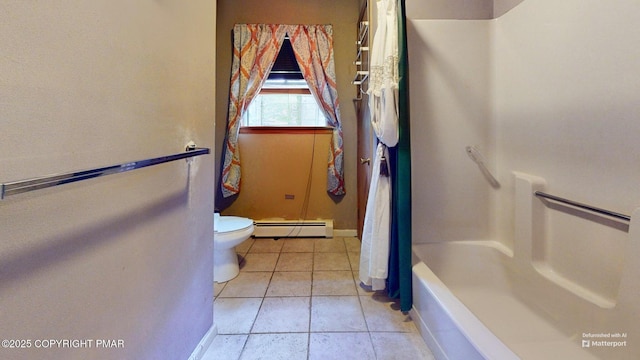 619 Rimrock Rd, Bartonsville, PA 18321 - full bathroom featuring baseboard heating, tile patterned flooring, and shower / bath combo with shower curtain