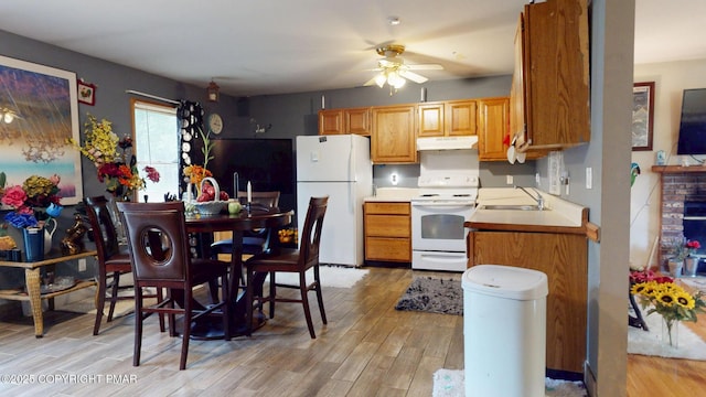 619 Rimrock Rd, Bartonsville, PA 18321 - kitchen featuring white appliances, under cabinet range hood, ceiling fan, and light wood-style floors