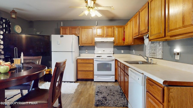 619 Rimrock Rd, Bartonsville, PA 18321 - kitchen featuring white appliances, under cabinet range hood, light wood-type flooring, ceiling fan, and light countertops