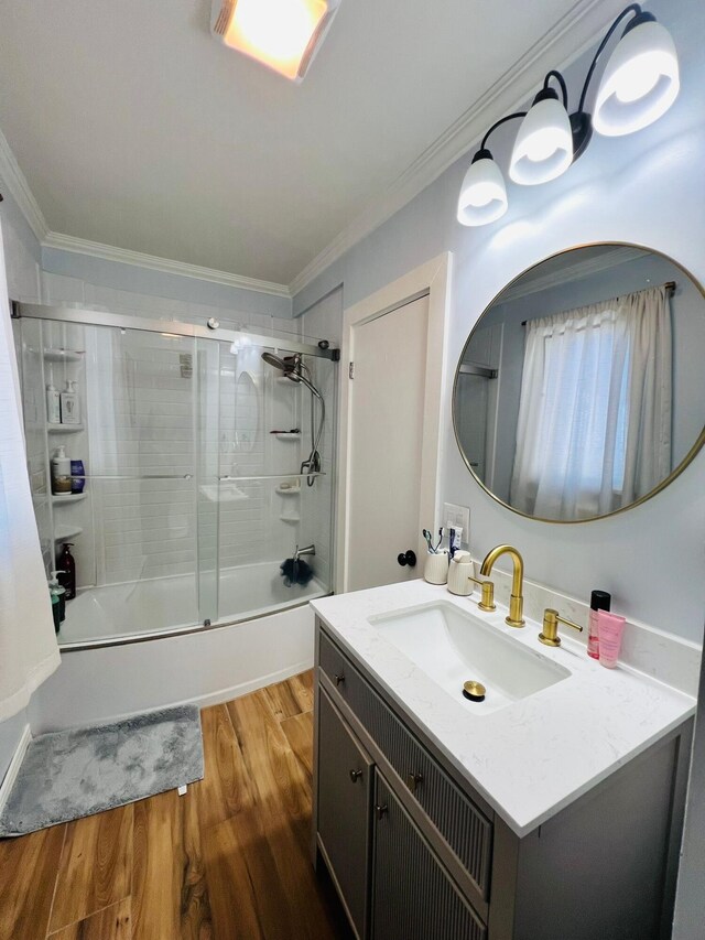1116 Diamond Ave, Scranton, PA 18508 - bathroom with vanity, combined bath / shower with glass door, wood finished floors, and crown molding