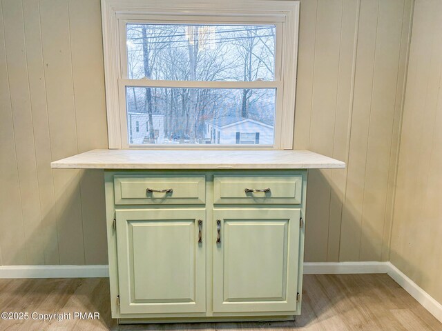 details featuring wooden walls, baseboards, and wood finished floors