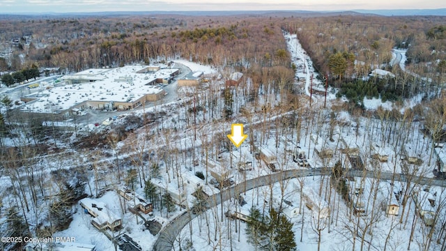 snowy aerial view with a wooded view and a mountain view