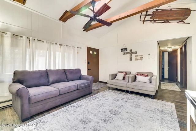 living room featuring ceiling fan, beamed ceiling, a baseboard radiator, and wood finished floors