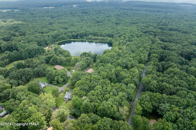 aerial view with a water view and a wooded view