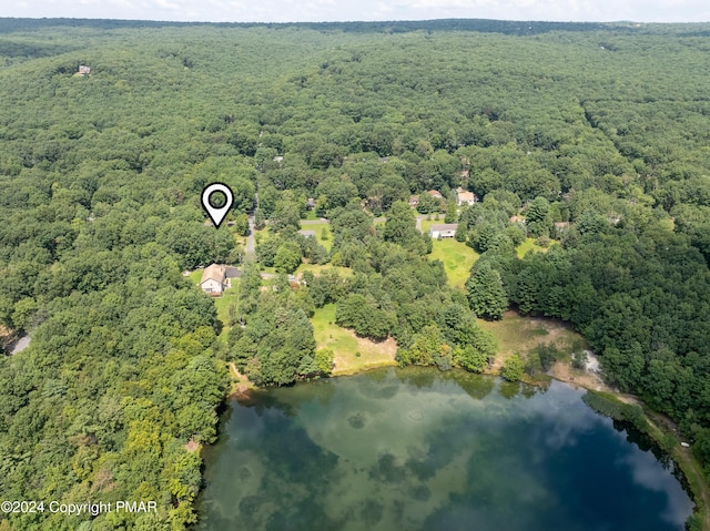 aerial view with a water view and a forest view