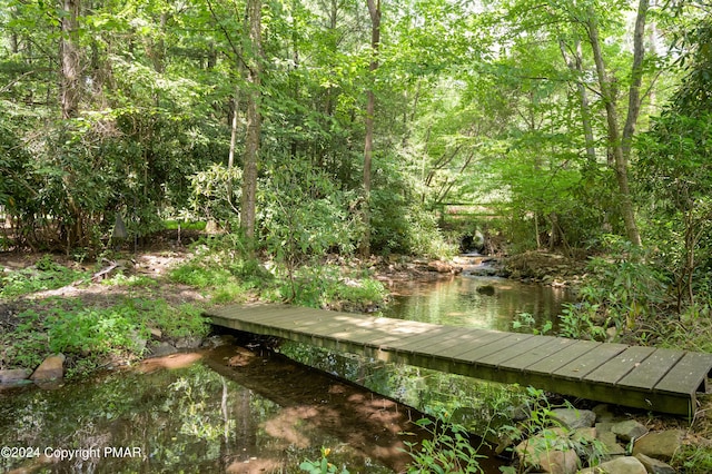 view of dock featuring a view of trees