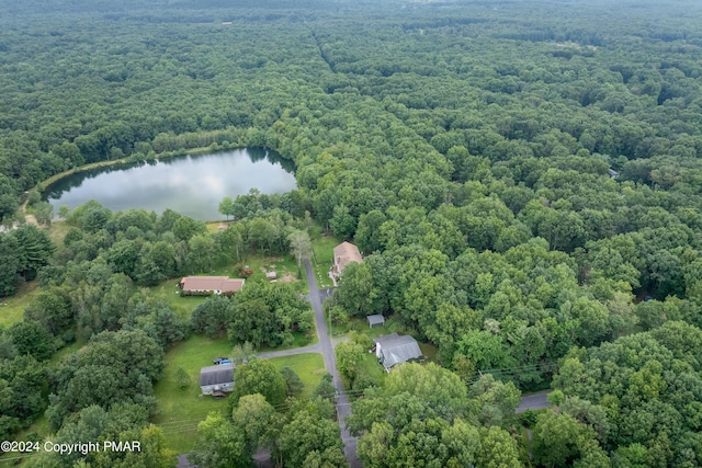 aerial view featuring a water view and a wooded view