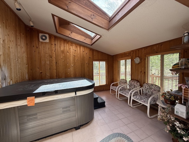 343 Echo Lake Rd, Tobyhanna, PA 18466 - bedroom with wood walls, vaulted ceiling with skylight, and multiple windows