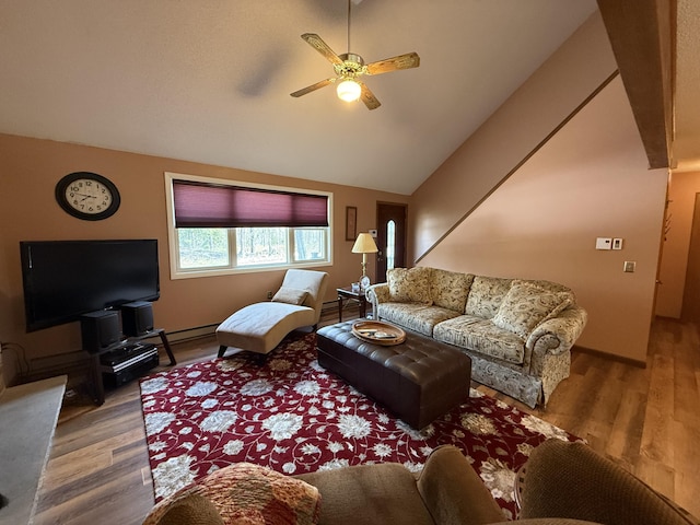 343 Echo Lake Rd, Tobyhanna, PA 18466 - living room with wood finished floors, lofted ceiling, and ceiling fan