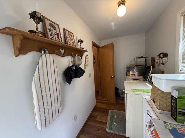 343 Echo Lake Rd, Tobyhanna, PA 18466 - washroom featuring washer and clothes dryer, laundry area, baseboards, and wood finished floors