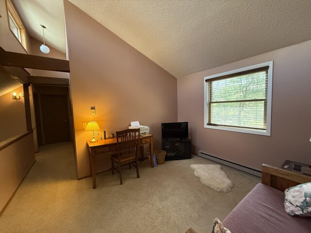 343 Echo Lake Rd, Tobyhanna, PA 18466 - home office featuring a baseboard radiator, lofted ceiling, a textured ceiling, and light colored carpet