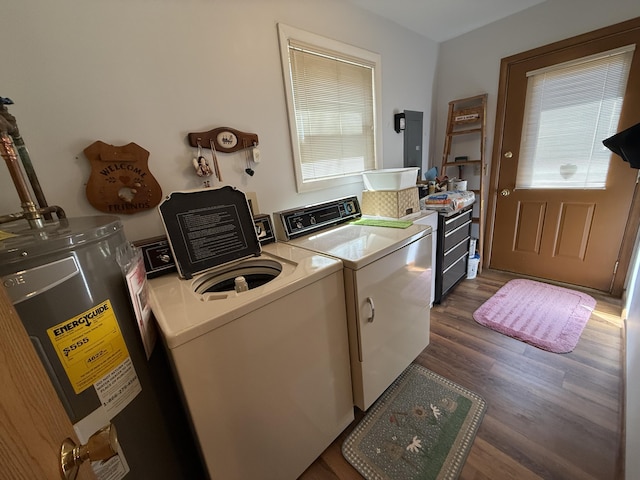 343 Echo Lake Rd, Tobyhanna, PA 18466 - laundry area featuring separate washer and dryer, water heater, dark wood finished floors, and electric panel