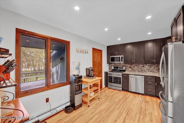 kitchen featuring light wood-style flooring, recessed lighting, stainless steel appliances, dark brown cabinets, and backsplash