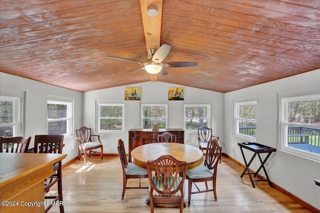 dining room featuring light wood-style flooring, lofted ceiling, wooden ceiling, and a ceiling fan