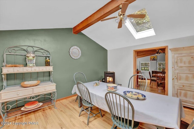 dining space with lofted ceiling with skylight, wood finished floors, and ceiling fan