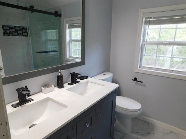 8150 Mayfair Rd, Tobyhanna, PA 18466 - full bathroom with toilet, plenty of natural light, a shower stall, and baseboards