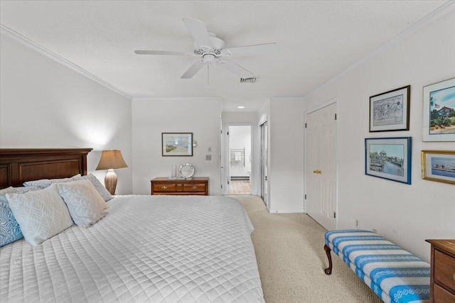 606 Buck Cir, Buck Hill Falls, PA 18323 - bedroom with light carpet, ornamental molding, and ceiling fan