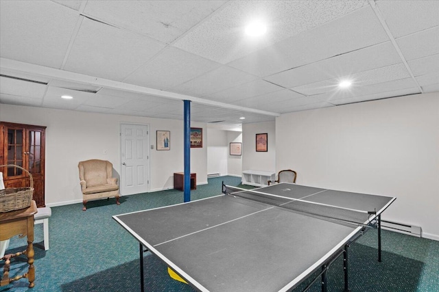 606 Buck Cir, Buck Hill Falls, PA 18323 - playroom featuring dark colored carpet, a baseboard radiator, recessed lighting, a drop ceiling, and baseboard heating