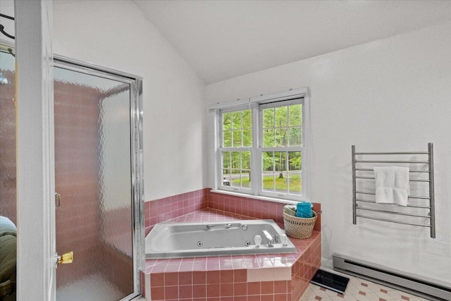 606 Buck Cir, Buck Hill Falls, PA 18323 - bathroom featuring baseboard heating, a towel warming rack, a whirlpool tub, a stall shower, and lofted ceiling