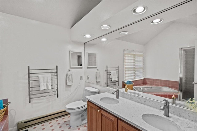 606 Buck Cir, Buck Hill Falls, PA 18323 - bathroom featuring a baseboard heating unit, a bath, recessed lighting, vaulted ceiling, and a towel warmer