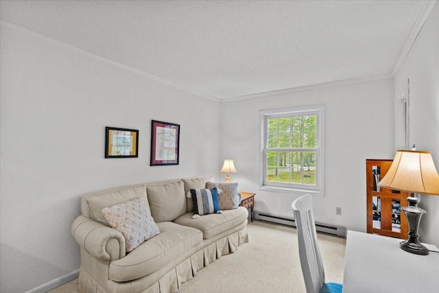 606 Buck Cir, Buck Hill Falls, PA 18323 - carpeted living room featuring ornamental molding and a baseboard heating unit