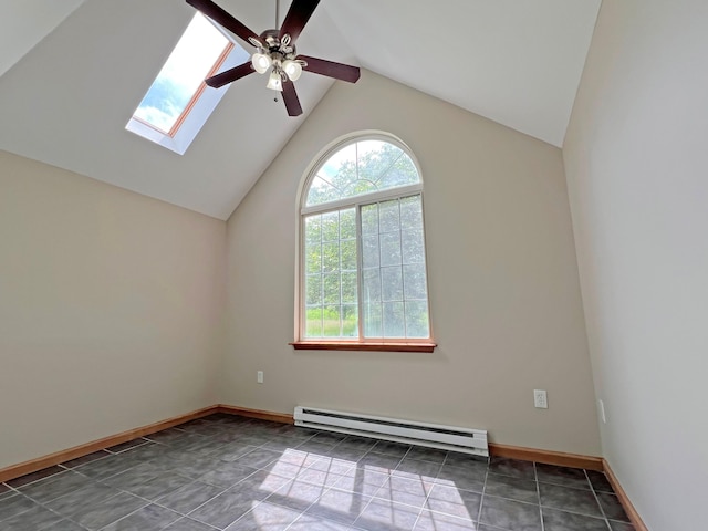 2138 Hill Rd, Effort, PA 18330 - empty room featuring a baseboard radiator, a ceiling fan, a skylight, lofted ceiling, and tile patterned floors