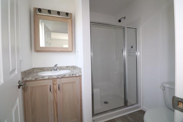1025 W Princeton Ave, Palmerton, PA 18071 - bathroom featuring vanity, a shower stall, and wood finished floors