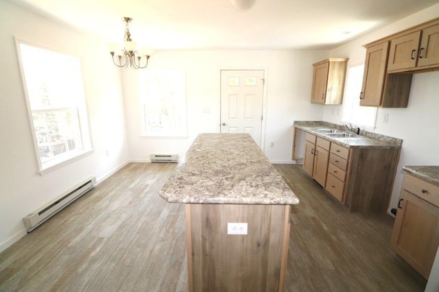 1025 W Princeton Ave, Palmerton, PA 18071 - kitchen featuring a baseboard heating unit, dark wood-style flooring, a kitchen island, and plenty of natural light