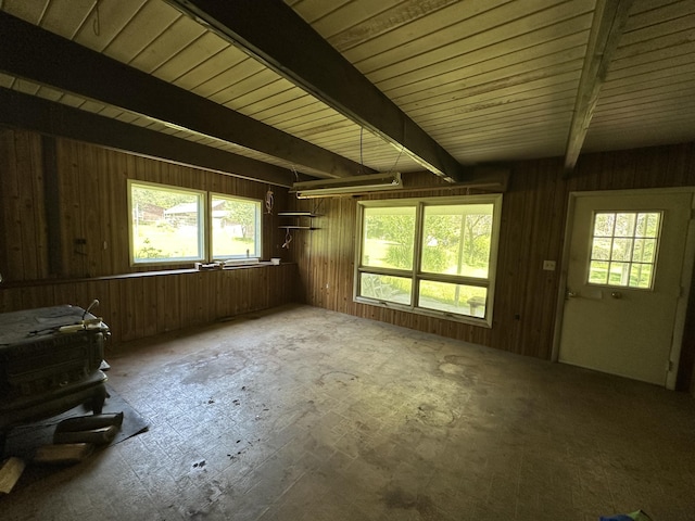 337 Summit Rd, Swiftwater, PA 18370 - interior space featuring plenty of natural light, beam ceiling, and wood walls