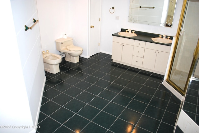 bathroom featuring a sink, a bidet, a shower stall, and tile patterned flooring
